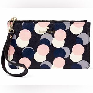 Kate Spade New York Wristlet Pouch Black Pink Cream Grey Geometric Circle Print